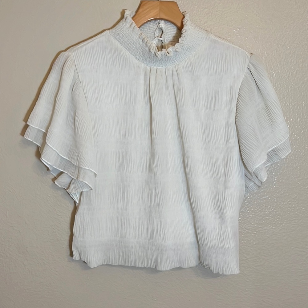 ASTR Beige Ruffle Short Sleeve Shirt